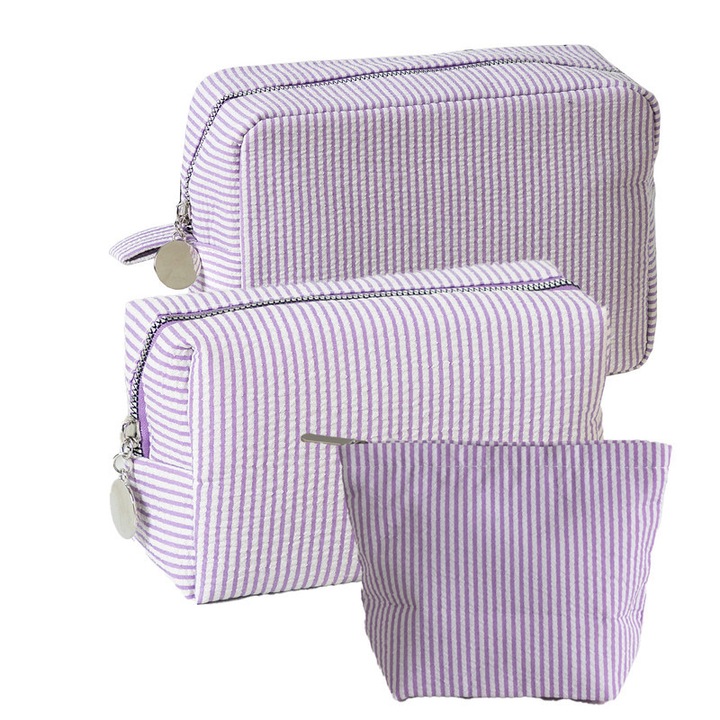 3 db-os kozmetikai táska készlet, seersucker, lila, 22x9x15cm 18.5x7.5x10cm 17x5.5x13cm