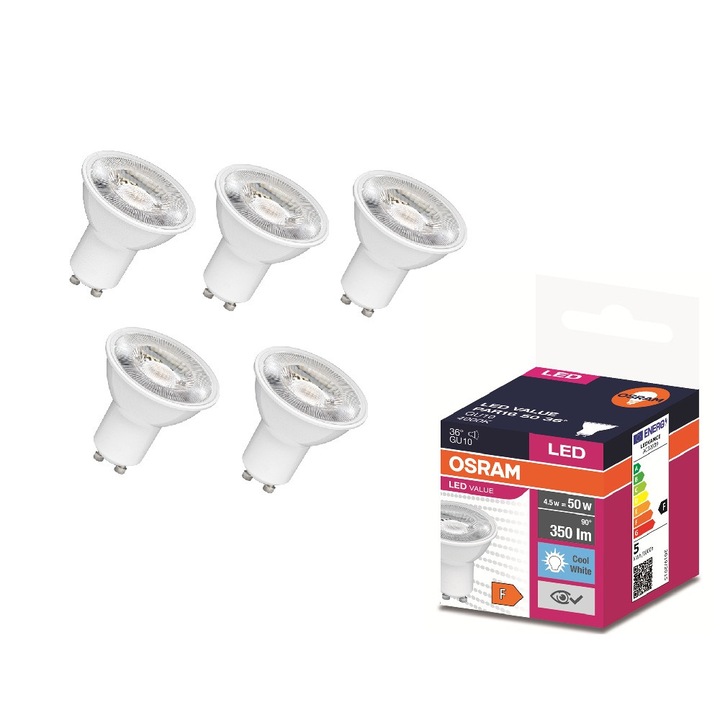 Комплект от 5 OSRAM LED крушки за прожектор, GU10, 4.5W еквивалент на 50W, ъгъл 90°, неутрална светлина, 4000K, 350 lm, енергиен клас F