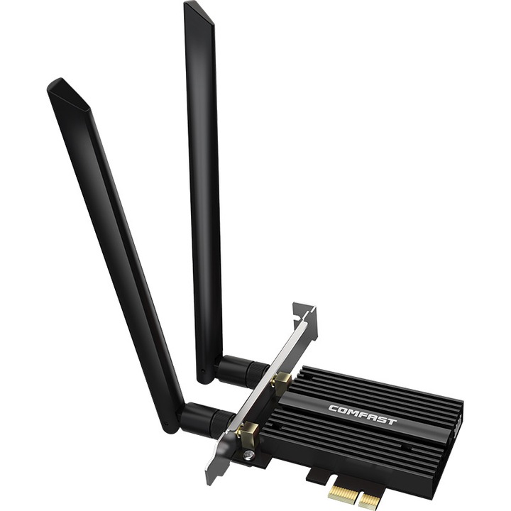 Adaptor wireless COMFAST CF-AX210, WiFi 6E, Bluetooth 5.3, negru, 5374Mbps, 2.4G/5G/6G Card de Retea Adaptor PCIE Wireless 802.11AX cu Intel AX210 compatibil cu PC si Windows 10/11