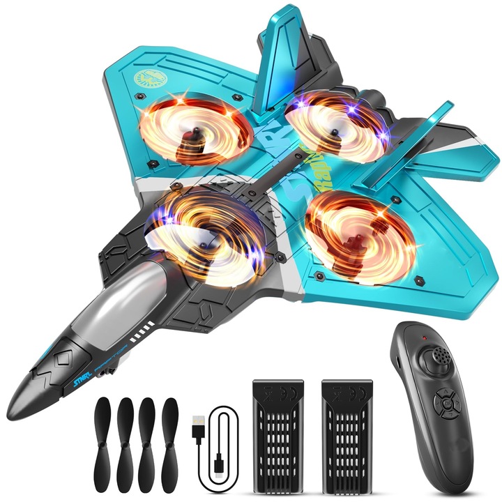 Самолет с дистанционно управление LYCENXI V17, син, 15.5x8.5x7см, с LED светлини, акробатични функции, за деца и възрастни 14+