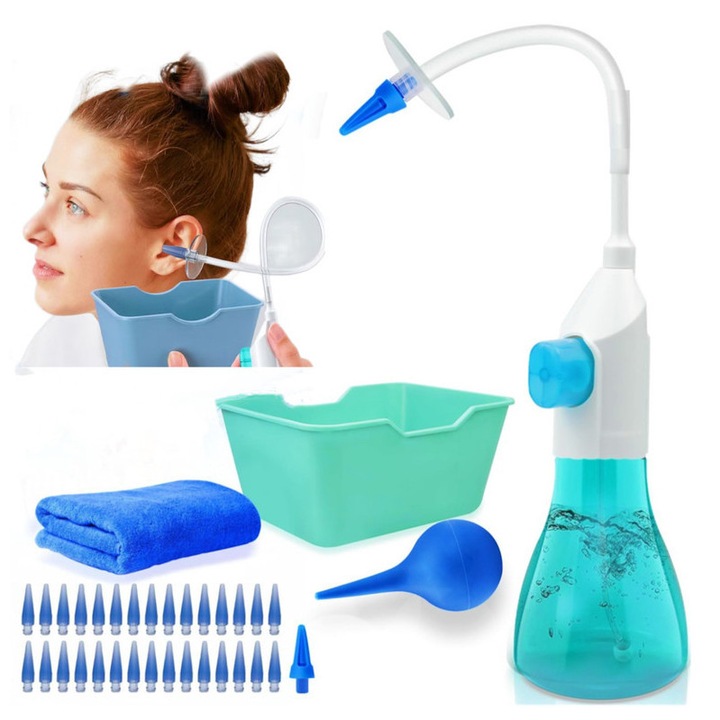 Set pentru curatare ceara urechi, BIGLISTENING®, sistem de spalare, Reutilizabil, Indeparteaza eficient ceara, include 30 duze de schimb, pentru adulti si copii, Alb