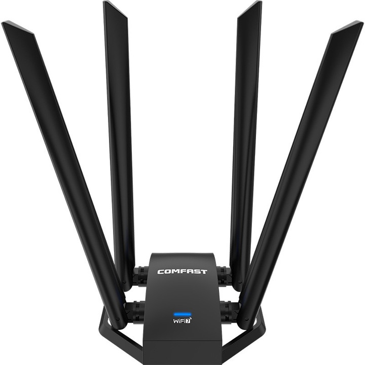 Adaptor wireless Comfast BE6500 WiFi 7, 6452Mbps, Tri Band 2.4GHz/5GHz/6GHz, antena cu 4*5dBi, Driver Free, negru, cu cablu de extensie 1.2m