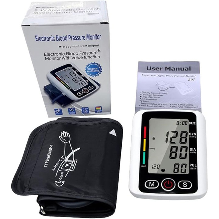 Tensiometru de brat, display LCD, functie de oprire automata, detectie aritmie, alb, 115x96x59mm, set 1x cablu USB, 1x manseta
