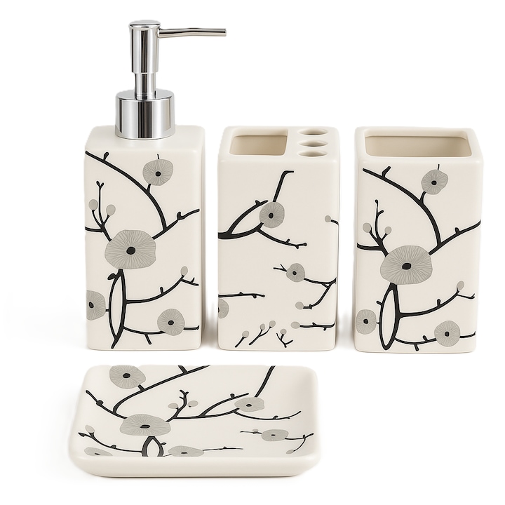 Set accesorii pentru baie 4 piese din ceramica, suport periute, suport sapun, dozator sapun, pahar, model "Floral"