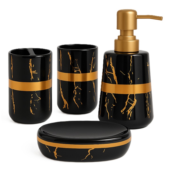 Set accesorii baie 4 piese ceramic, luxury, negru cu auriu, dozator, suport periute, sapuniera, pahar