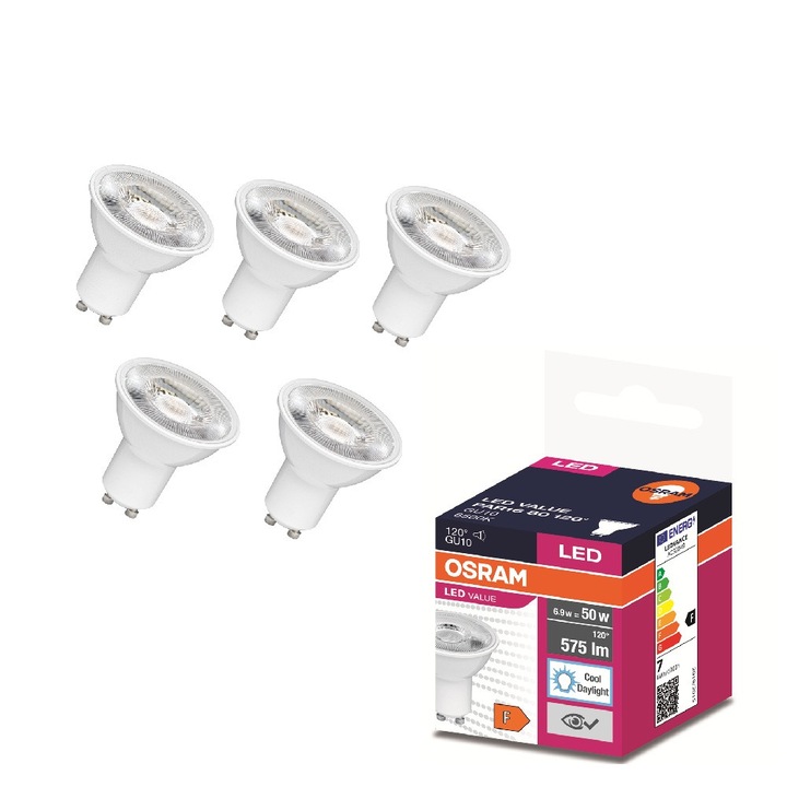 Set 5 becuri spot OSRAM LED, GU10, 6.9W echivalent 50W, unghi 120, lumina rece, 6500k, 575lm, clasa energetica F