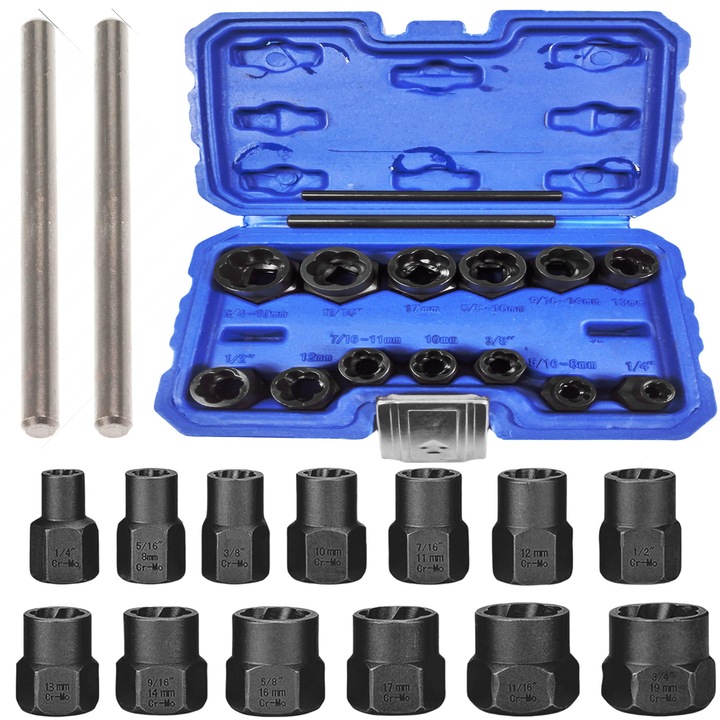 Set Pentru Schimb Suruburi, Elmax, 15 Piese, Otel Cr-Mo, Eficient Pentru Suruburi Ruginite Si Blocate, Pentru Atelier Si Garaj, Cu Pene Metalice Si Valiza, Dimensiuni 6.35–19 mm, Negru