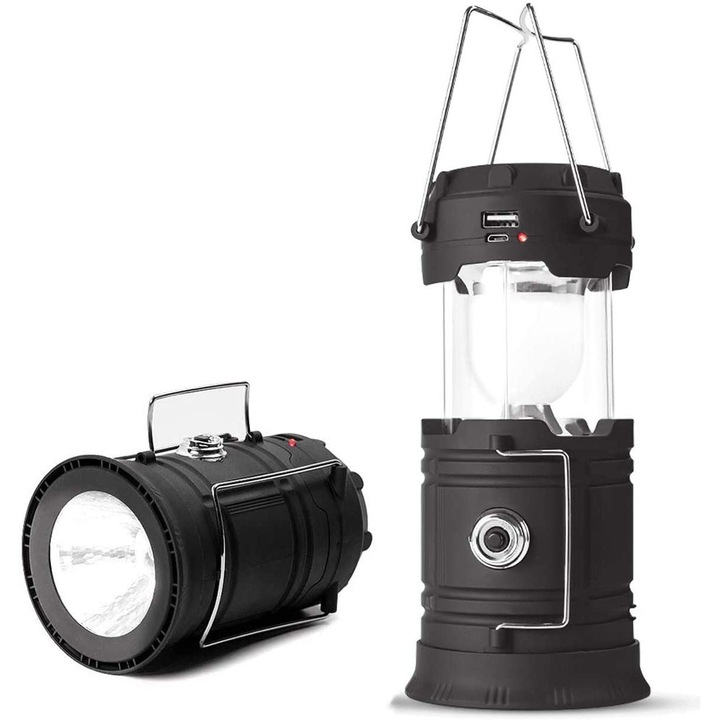 Къмпинг фенер 3 в 1, LED, черен, соларно и USB зареждане, сгъваем дизайн, лесен за транспортиране, 1 брой