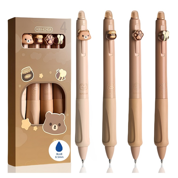 Set 4 Pixuri cu radierra, TREXORA, 0.5mm Cerneala Albastra, Maro