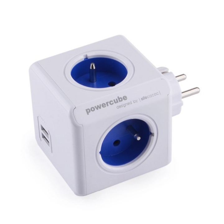 Priza PowerCube Original, 4 gniazda AC, 2 porturi USB, albastru, 119x77x77mm