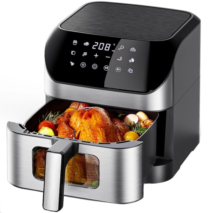 Meleglevegős fritőz, Kraft&Dele, KD4109, Egészséges főzés olaj nélkül, Meleglevegős keringtetés, 10 program, LED, Ideális családnak és sütéshez, 8 literes űrtartalom, Fekete