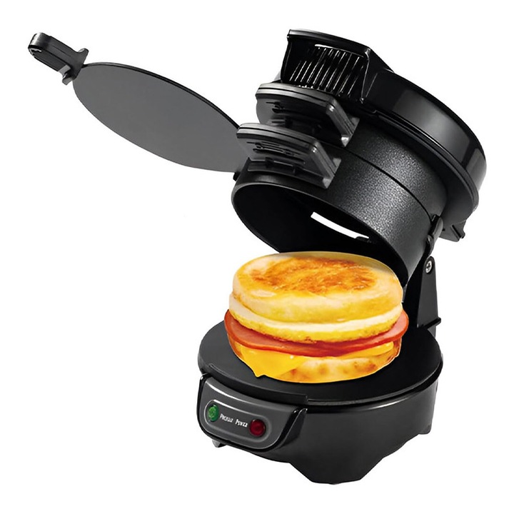 Sandwich maker, Rqiurpn, Aparat de preparare hamburger, Electric, Compact, Pentru prepararea sandwichurilor de mic dejun, burgeri, omlete, mini pizza, oua, Indicator LED, Negru