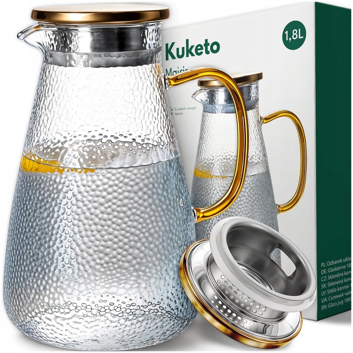 Üveg Kancsó Készlet Fedővel, Kuketo, Üveg, Fém, Nagy Kiöntőnyílás – 7,5 Cm, Szűrő a Fedélben, 21 Cm X 15 Cm X 17 Cm, Többszínű, 1 Kancsó