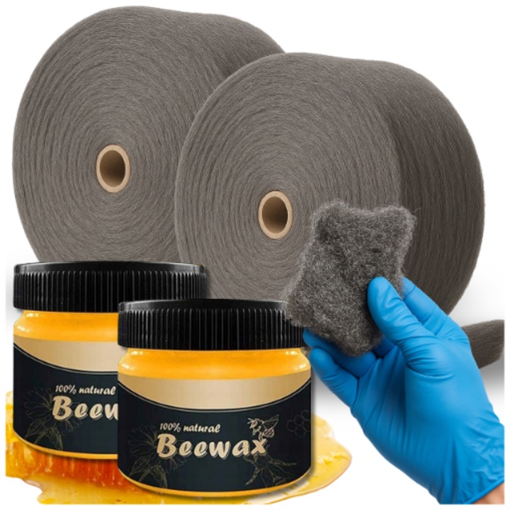 Set de Polisare pentru Mobila, Wooltec, 2x Wosk BeeWax 80g, 2kg Lana Stala, 2 Pairs Manusi Nitril Eco