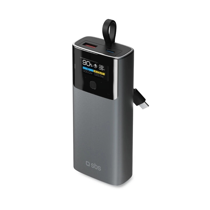 SBS 10000mAh külső akkumulátor, 20W, LCD, USB-C kábellel, USB, USB-C, Szürke