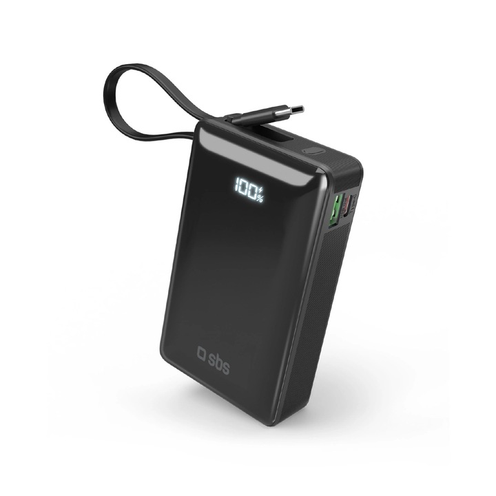 SBS 20000mAh külső akkumulátor, 20W, integrált USB-C kábel, LCD, 1xUSB, 2xUSB-C, fekete