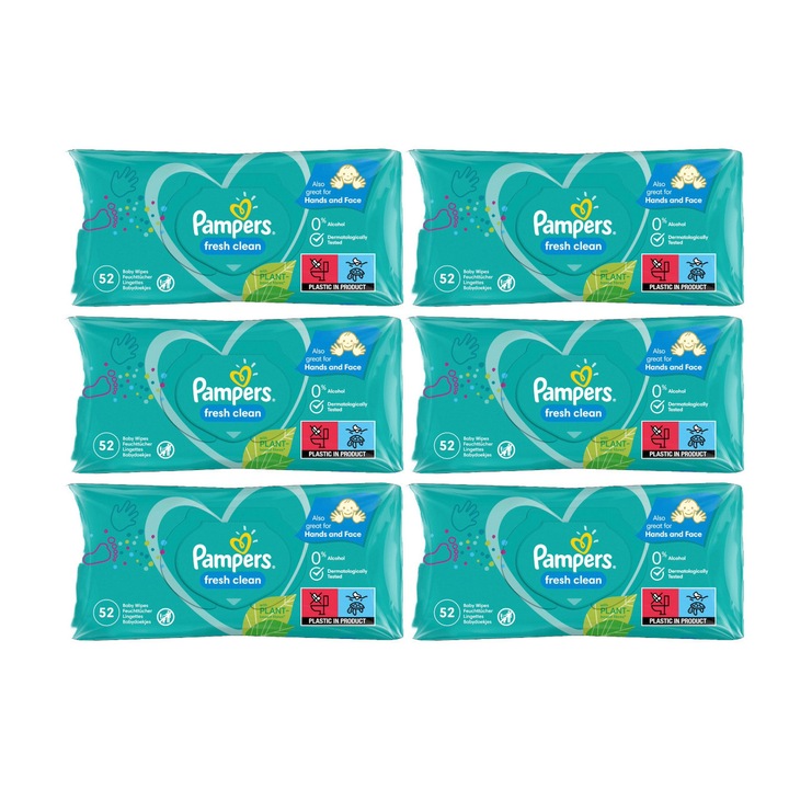 Комплект от 6 мокри кърпички Pampers Baby Fresh Clean 52 броя, предотвратяват раздразнения, дерматологично тествани, бързи и ефективни, лесни за нанасяне, хипоалергенни материали, ергономичен дизайн, оптимален размер, лесно почистване, нежни към скалпа