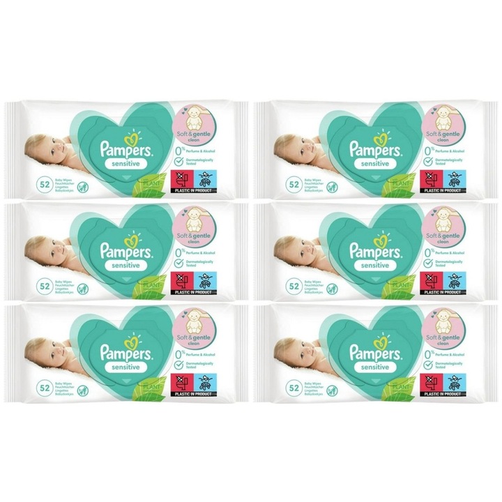 Комплект 6 мокри кърпички Pampers Baby Sensitive 52 бр., Предотвратяват раздразнения, Дерматологично тествани, Бързи и ефективни, Хипоалергенни материали, Нежни към скалпа