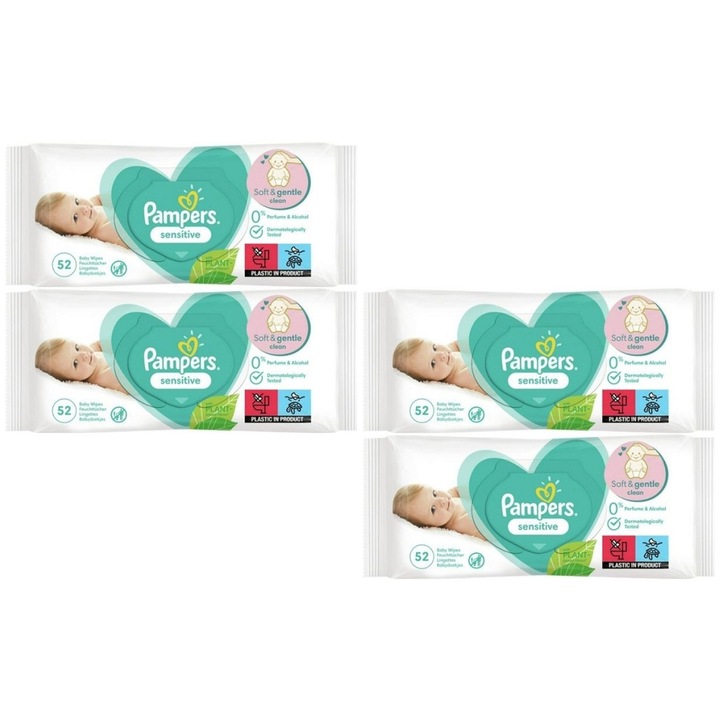 Set 4 x Pampers Servetele Umede Baby Sensitive 52buc, previne iritatiile, testat dermatologic, rapid si eficient, usor de aplicat, materiale hipoalergenice, design ergonomic, dimensiuni optime, curatare usoara, delicat cu scalpul