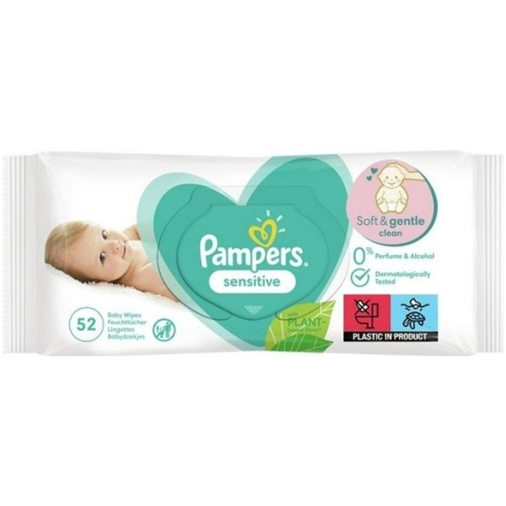 Pampers Baby Sensitive мокри кърпички 52 бр., предотвратяват раздразнения, дерматологично тествани, бързи и ефективни, лесни за нанасяне, хипоалергенни материали, ергономичен дизайн, оптимален размер, лесни за почистване, нежни към скалпа
