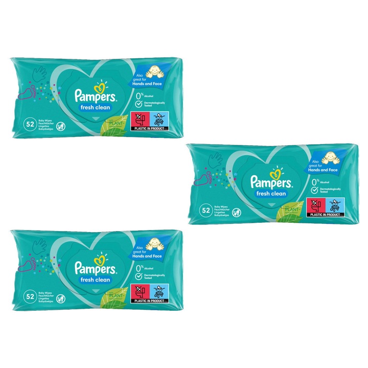 Комплект от 3 мокри кърпички Pampers Baby Fresh Clean 52 бр., предотвратяват раздразнения, дерматологично тествани, бързи и ефективни, лесни за нанасяне, хипоалергенни материали, ергономичен дизайн, оптимален размер, лесно почистване, нежни към скалпа