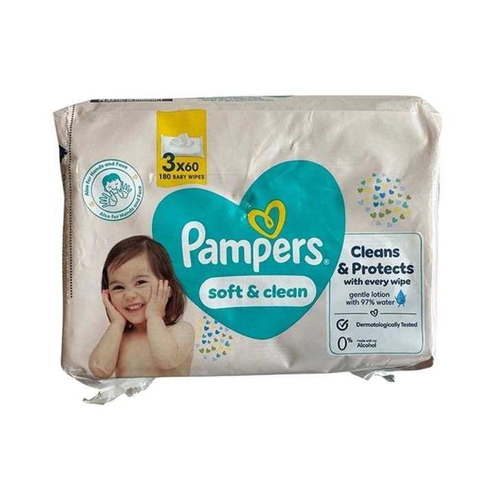 Pampers Servetele Umede Baby Softclean 60buc 3pcs/set, previne iritatiile, testat dermatologic, rapid si eficient, usor de aplicat, materiale hipoalergenice, design ergonomic, dimensiuni optime, curatare usoara, delicat cu scalpul