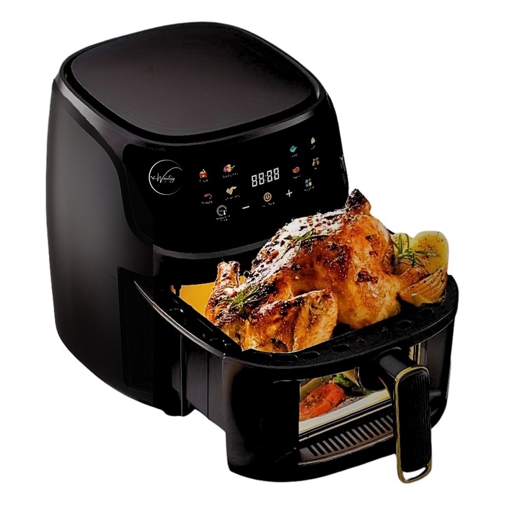 e-Wantay Forrólevegős fritőz, Digitális, 2400 W, 8 liter, érintőképernyő, 8 előre beállított program + manuális beállítás, NTC hőmérséklet-szabályozás, 360°-os főzés, 60 perces időzítő, olajmentes, szüneteltetés/folytatás funkció, fekete