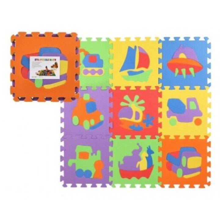 Covor Puzzle din Spuma Moale, Model Mijloace de Transport – 10 placi, 30x30x1 cm