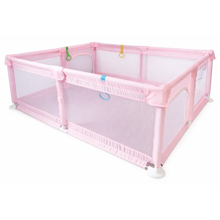 Tarc de Joaca pentru Copii Tarossy®, 180x150 cm, Spatiul de Joaca, 4 x Inele de Sustinere, Plasa de Protectie, 2 Usi cu Fermoar, Varsta 0-5 ani, Roz