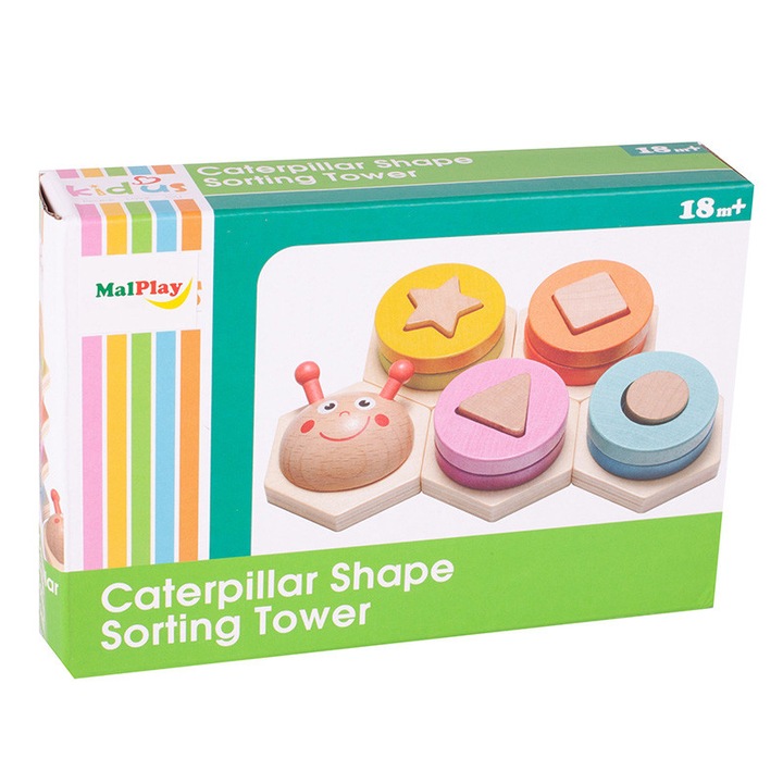 Jucarie din lemn cu forme de sortat, Caterpillar, 18 luni+