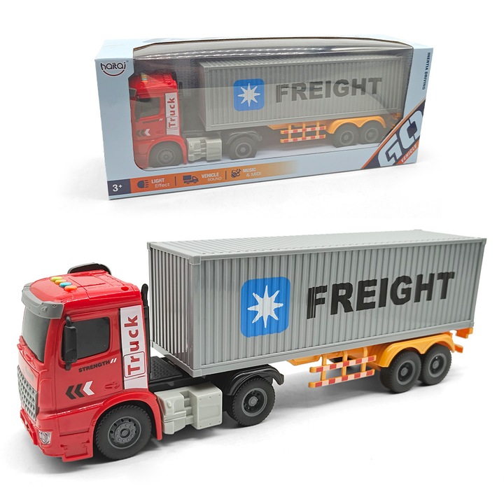 Camion Tir cu Container De Jucarie Pentru Copii, KidProtect® FreightMover, Cu Muzica, Sunete si Lumini, Cap Tractor Detasabil, Lungime 45 cm, Gri