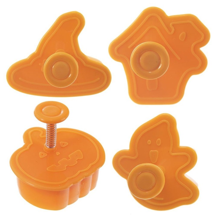 Set 4 Forme De Taiat Pentru Prajituri, Orion, Halloween, 5.5x4.5x5x5x6x5 cm, Portocalie, Fabricate Din Material De Cea Mai Buna Calitate, Ideale Pentru Prepararea Biscuitilor Si Turtelor De Halloween, Au Piston Pentru Imprimarea Modelului