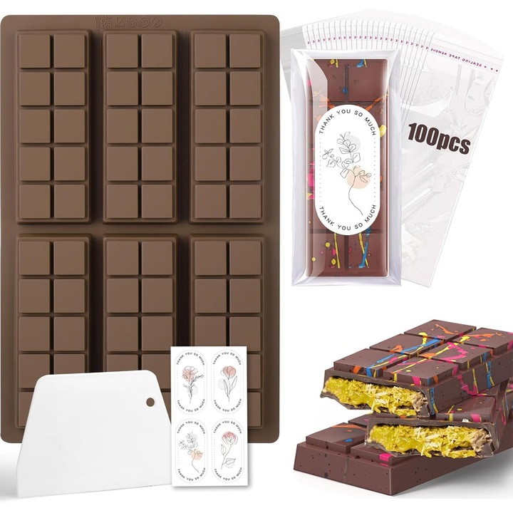 Forma silicon de ciocolata Dubai, fara BPA, 6 batoane, 26 x 17cm (6 x 11.5cm x 4.5cm), patrat