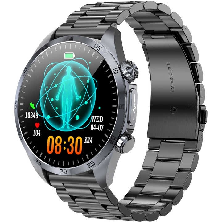 Ceas smartwatch Valdus VE57 PRO, ecran AMOLED 1.43", rezolutie 466x466, fitness, sport, rezistent apa IP 68, smart, notificari, wireless, apel Bluetooth, microfon HD, 1 curea metalica si 1 curea silicon incluse Therapy M, negru