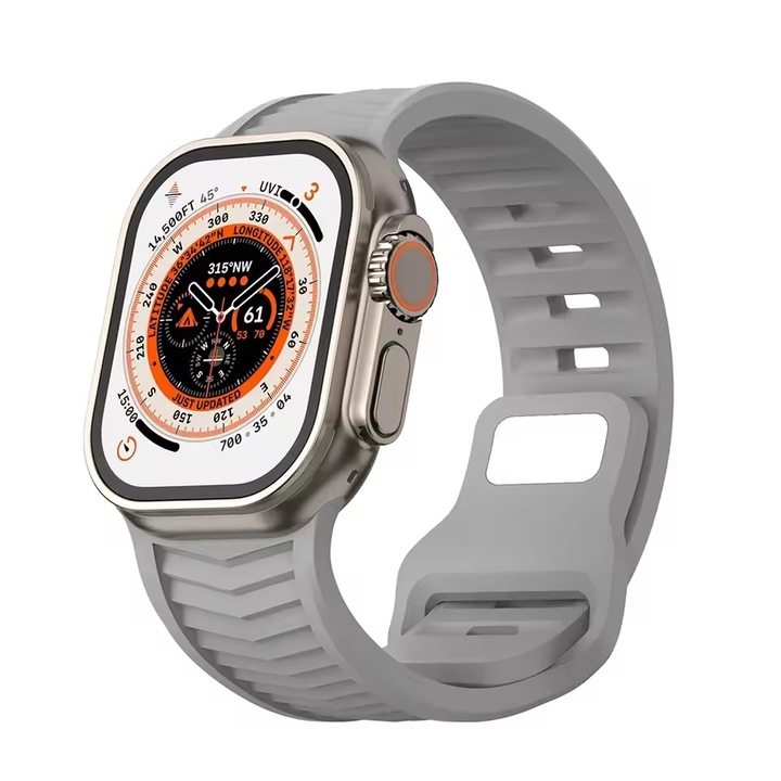 Curea Silicon MTP Premium, compatibila Apple Watch Ultra/Apple Watch Ultra 2(49mm) si Apple Watch SE/9/8/7/6/5/4/3/2/1 42/44/45mm, catarama otel inoxitabil, 26mm, Gray