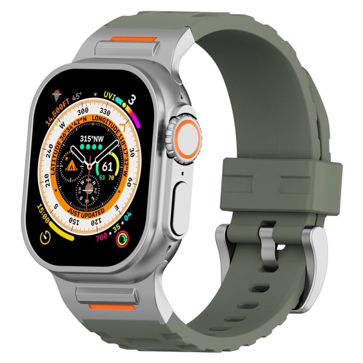 Curea Silicon MTP insertii portocalii, compatibila Apple Watch Ultra/Apple Watch Ultra 2(49mm) si Apple Watch SE/9/8/7/6/5/4/3/2/1 42/44/45mm, Army Green