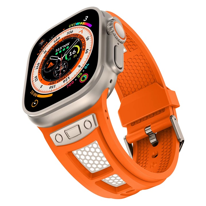 Curea Silicon MTP insertii metalice Starlight, compatibila Apple Watch Ultra/Apple Watch Ultra 2(49mm) si Apple Watch SE/9/8/7/6/5/4/3/2/1 42/44/45mm, Orange