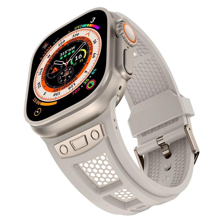Curea Silicon MTP insertii metalice Starlight, compatibila Apple Watch Ultra/Apple Watch Ultra 2(49mm) si Apple Watch SE/9/8/7/6/5/4/3/2/1 42/44/45mm, Starlight