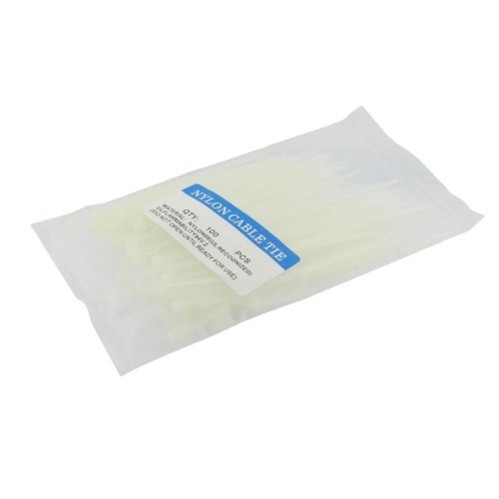 Coliere plastic, 3.6x250mm, alb, set 100 bucati