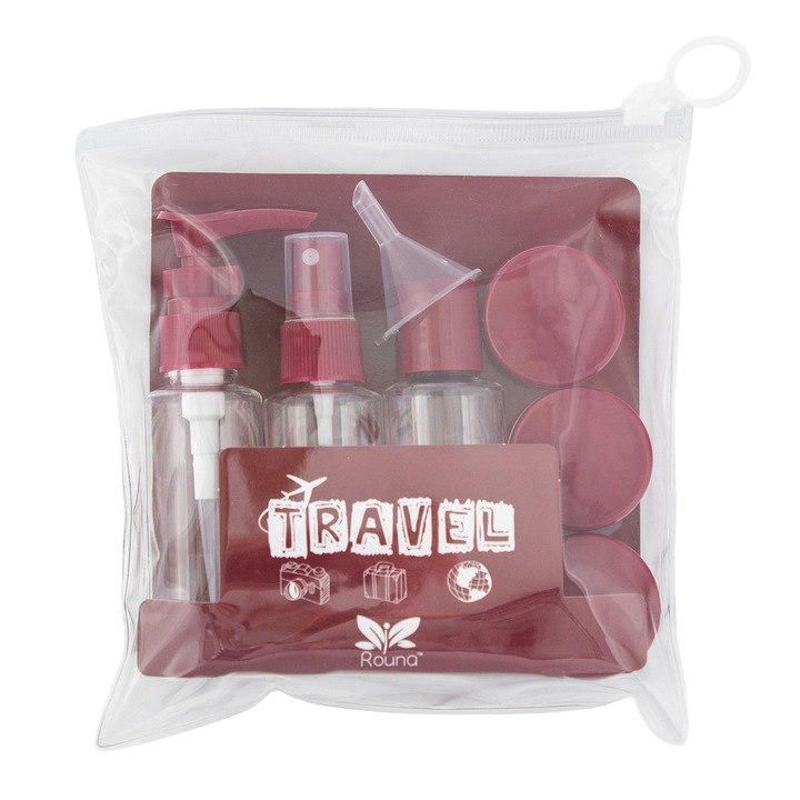 Geanta cosmetica de calatorie, Artnico, set cu 6 recipiente, culoare bordo, capacitate 50 ml (stick cu dop), 50 ml (pulverizator), 50 ml (stick cu pompa), 10 ml (3 borcane crema), accesorii (palnie, lingura), material plastic, sigur pentru transport in ba