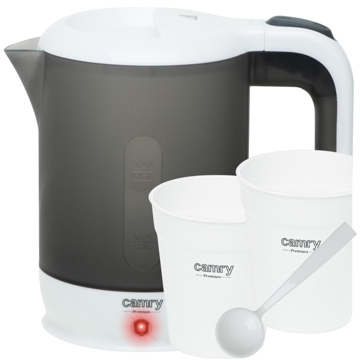 Calatorie Ceainic Cu Cani Si Lingurita, Camry, Cr1382, Capacitate Maxima 0,5L, Putere 750-900W, Protectie Impotriva Fierberii Fara Apa, Rezistenta Plata Din Otel Inoxidabil, Gri