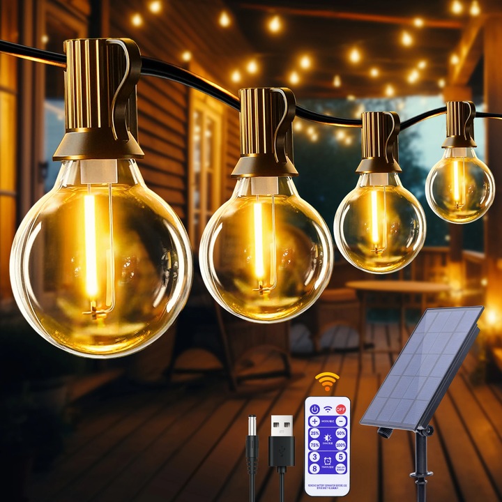 Ghirlanda luminoasa solara decorativa 7 metri, 10 becuri LED G40 + 1 de rezerva, incarcare solara + USB, lumina calda 3000K, IP44, telecomanda, intensitate reglabila, pentru terasa, nunta, petrecere, curte