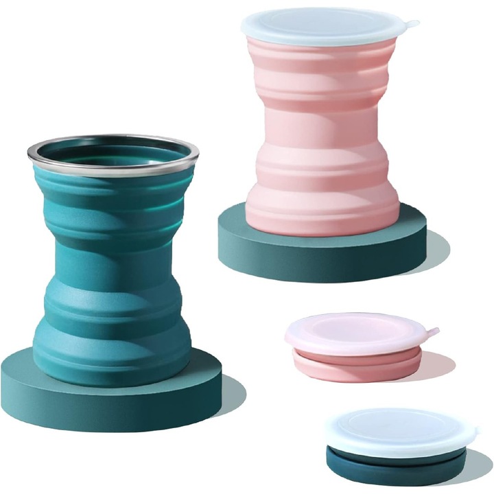 Комплект от 2 сгъваеми бутилки, 320 мл, хранителен силикон, розов/зелен, размери 2.5x10.5см