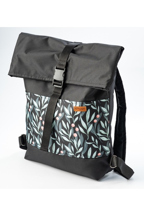 Rucsac Rolltop handmade, TulipArt Design, negru, model cu frunze de maslin