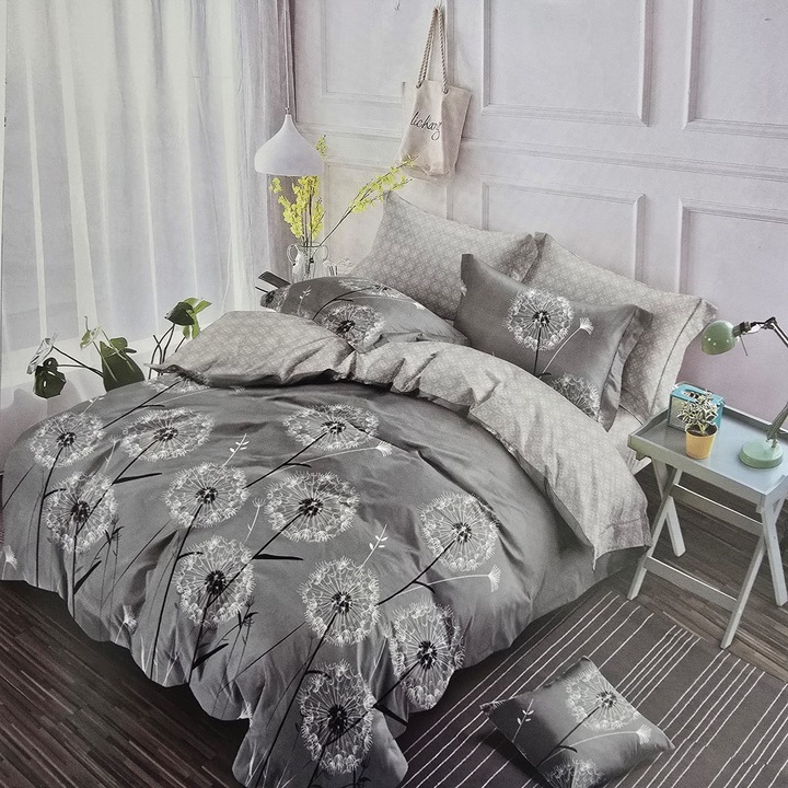 Lenjerie de pat 6 piese finet gros cu elastic, XXL - Model geometric, YoYo, 45