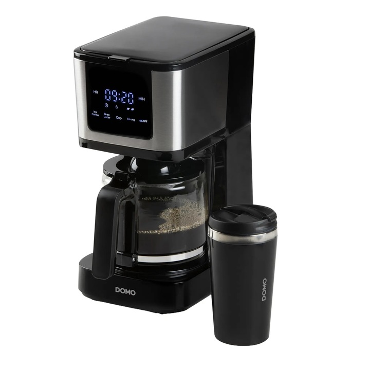 Cafetiera DOMO, capacitate 1.25 litri, compatibila cu cafea macinata, setare aroma 3 trepte, carafa gradata sticla, timer, touchscreen, filtru lavabil, operare intuitiva, include termos pentru calatorii, inox/negru
