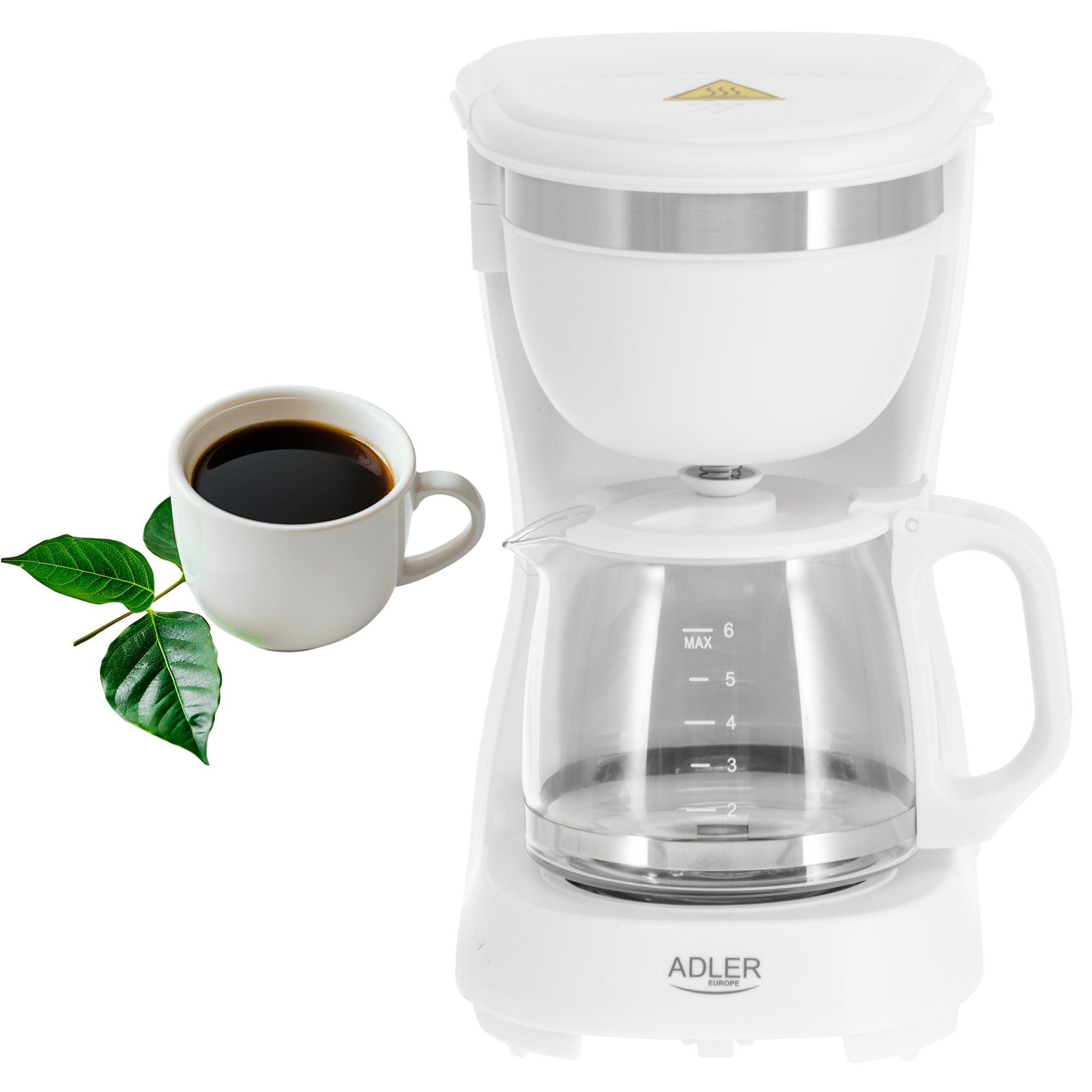 Ekspres de cafea Adler AD 4381W, 0,6L, functie de mentinere a temperaturii, blocare picurare, alb, 14,7x19x25,5cm