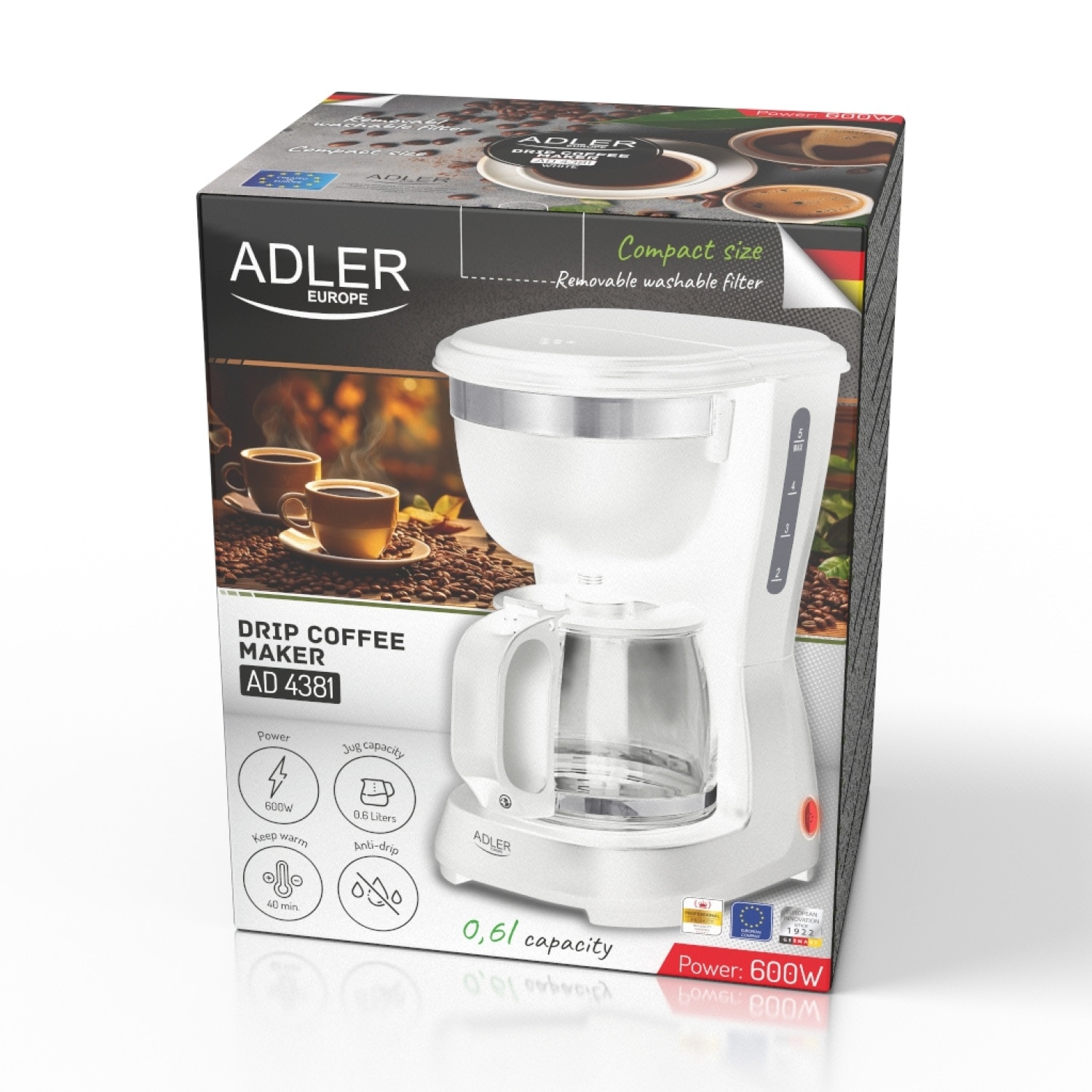 Ekspres de cafea Adler AD 4381W, 0,6L, functie de mentinere a temperaturii, blocare picurare, alb, 14,7x19x25,5cm