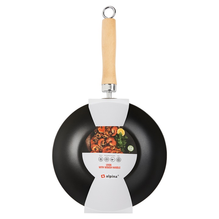 Alpina wok serpenyő, acélból készült, tapadásmentes, ergonomikus fa nyéllel, gáz-, elektromos, kerámia és halogén főzőlapokkal kompatibilis, 30 cm, fekete