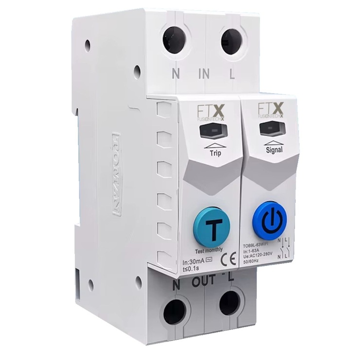Intrerupator inteligent Tuya WiFi, 1–63A, 2P, cu contor energie, protectie la tensiune, curent, scurgeri si temperatura, intrerupere L+N, FusionTechX®